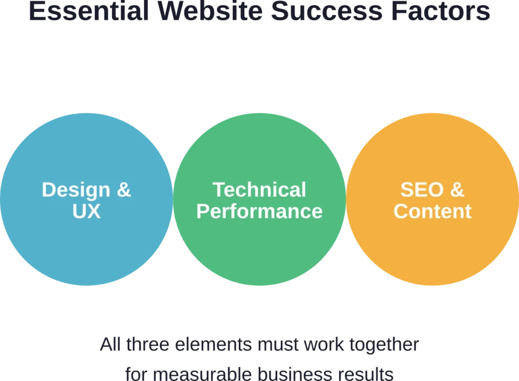 The three interconnected pillars that determine website success and business impact.

