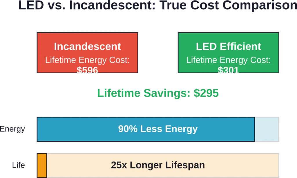 Department of Energy data comparing lifetime energy costs and performance between LED and incandescent lighting systems.