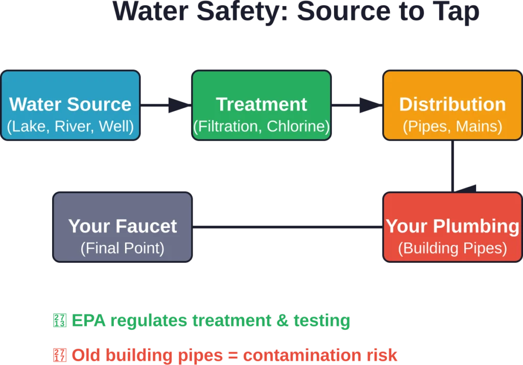 Water travels through multiple stages before reaching your glass, with contamination possible at each point—especially in older plumbing systems.
