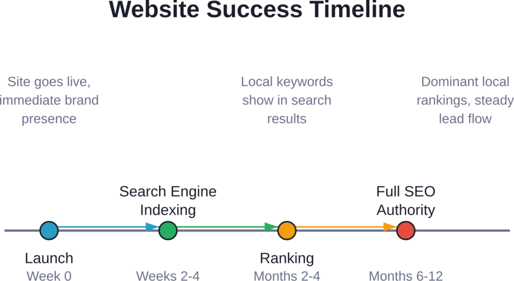 Website results compound over time—immediate brand presence gives way to search visibility and eventually sustained organic traffic growth.
