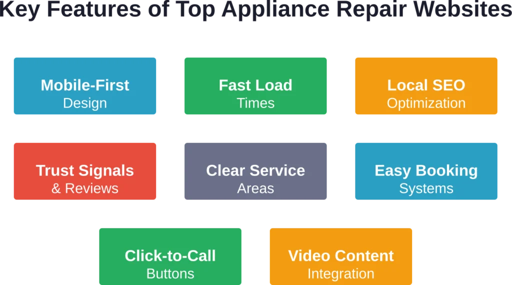 Essential features that effective appliance repair websites incorporate to maximize conversions and generate service calls.
