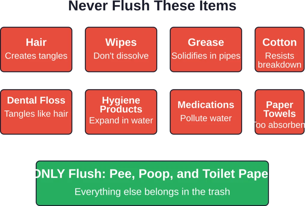Common items that should never be flushed, causing plumbing and environmental problems.
