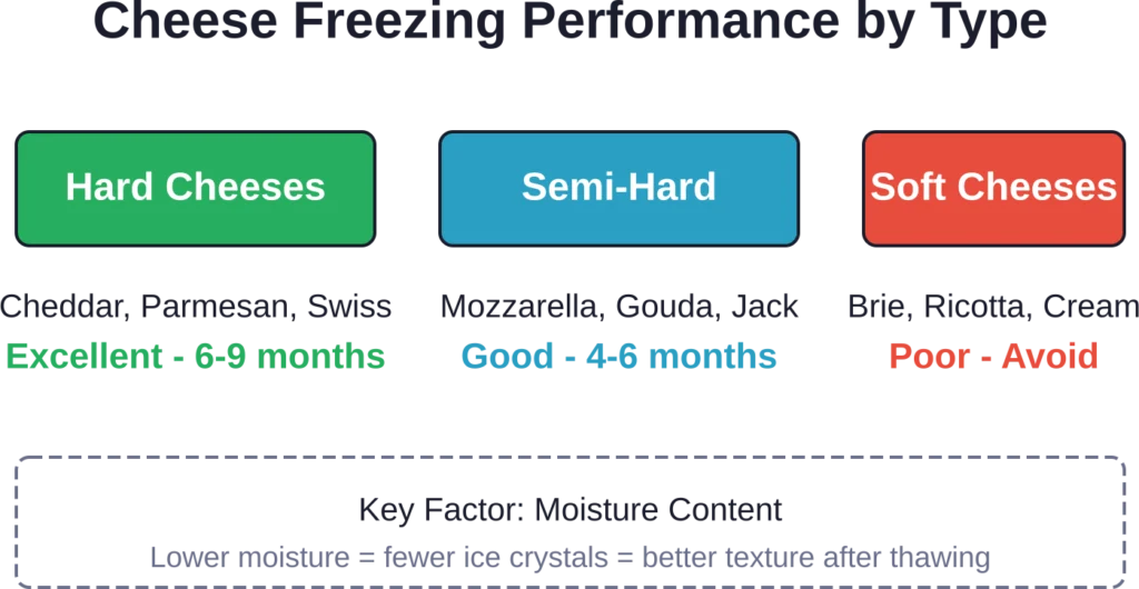 Cheese freezing success correlates directly with moisture content—hard cheeses freeze best while soft varieties suffer significant texture degradation.

