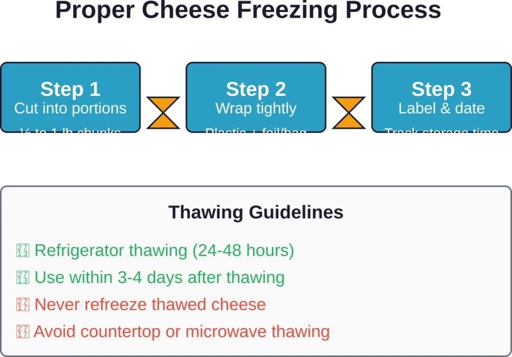 Following proper portioning, wrapping, and thawing procedures preserves cheese quality and prevents food safety issues.
