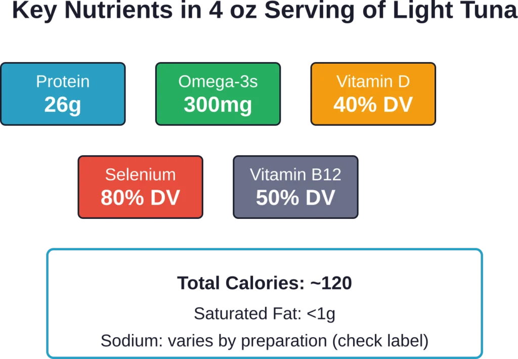 Nutritional profile of a standard 4-ounce serving of light tuna packed in water (DV = Daily Value)
