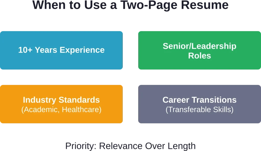 Common scenarios where a two-page resume format provides better results than forcing content onto a single page.