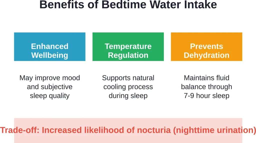Bedtime water intake offers multiple benefits but comes with the trade-off of potential sleep interruptions from bathroom trips.