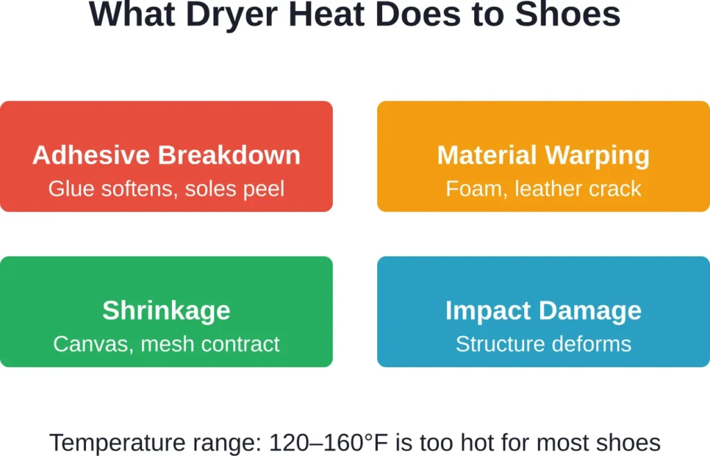 Four primary ways dryer heat and tumbling damage shoe construction and materials