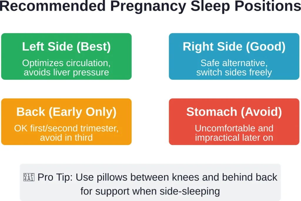 Side-sleeping (left or right) provides the safest circulation during third trimester, while back-sleeping should be avoided after 28 weeks.
