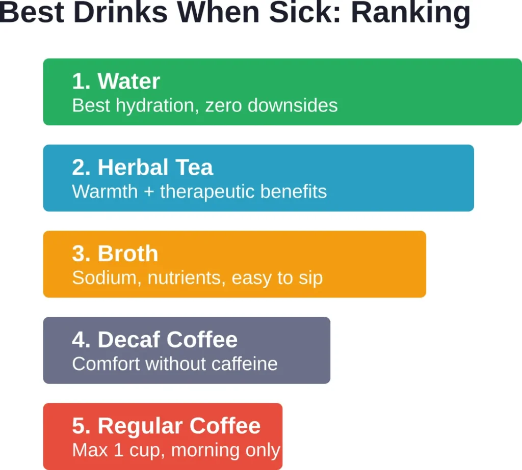 Hydration options ranked by benefit during illness, with water and caffeine-free choices taking priority