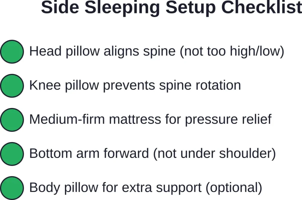 A properly configured side-sleeping position requires attention to pillow placement, mattress support, and arm positioning to prevent pain and numbness.