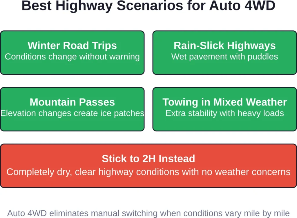 Auto 4WD excels when highway conditions can change unexpectedly, providing automatic traction management without requiring driver intervention.